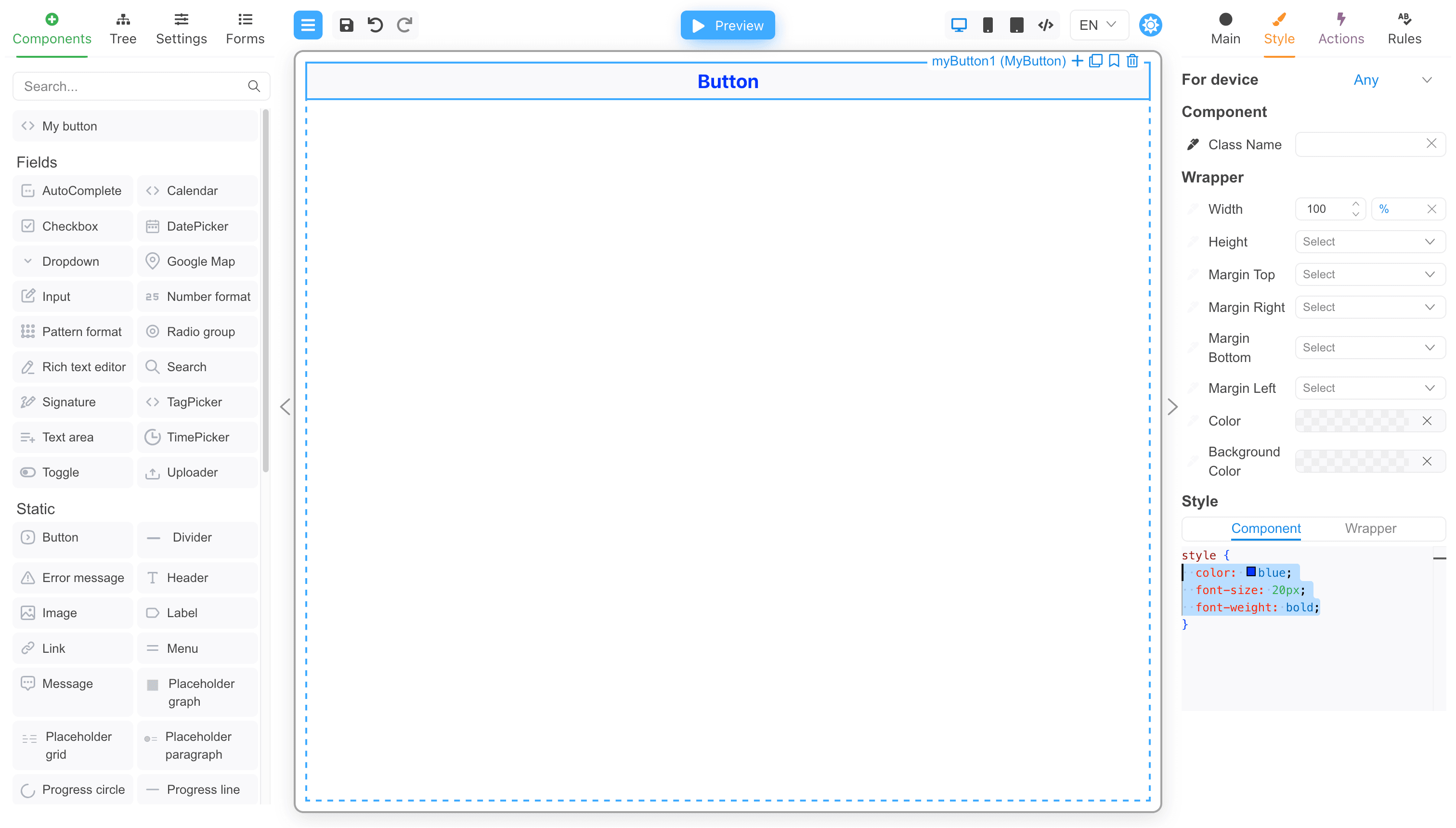 Component styled with the style property