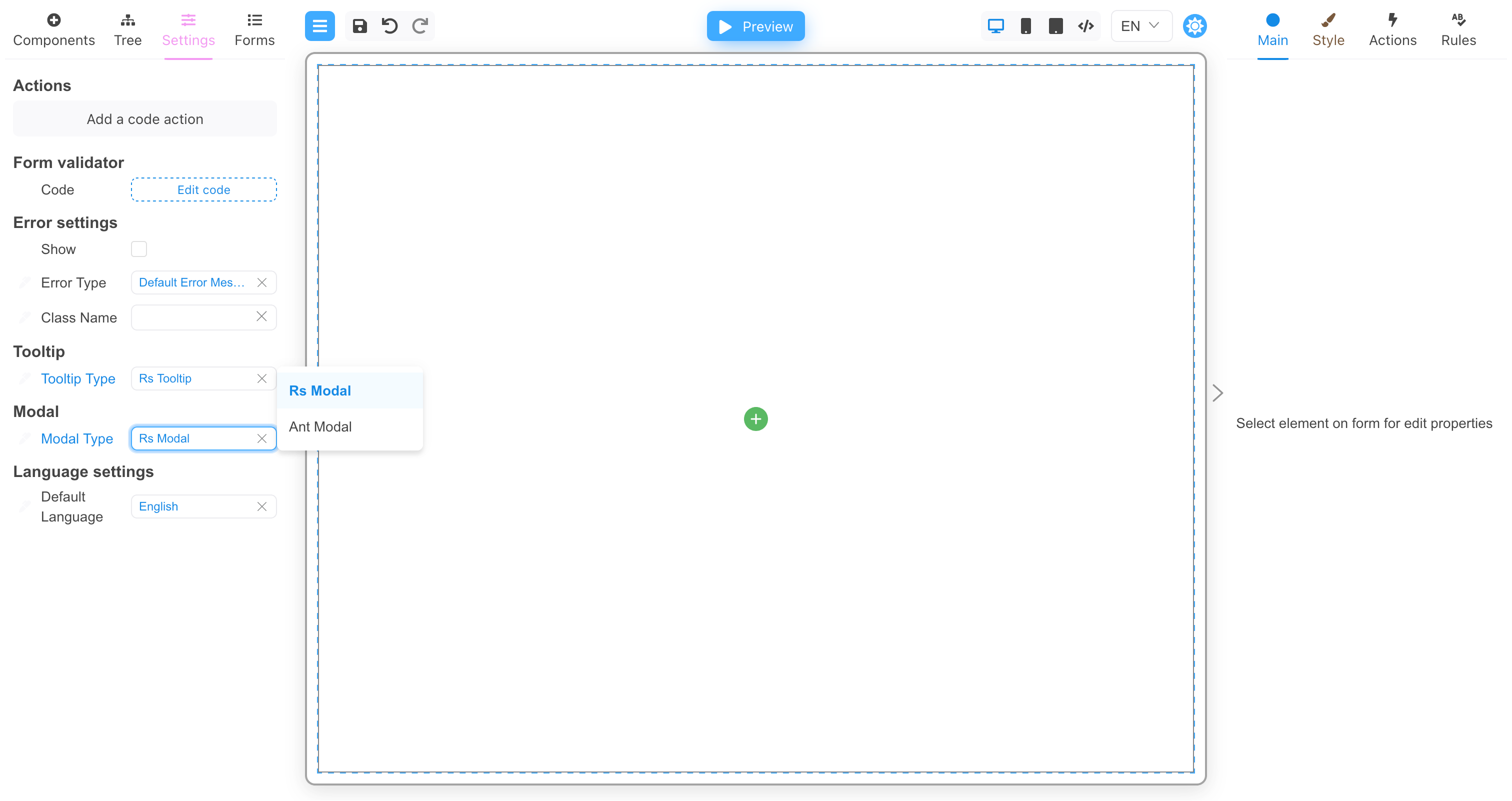 Modal type settings Modal type settings
