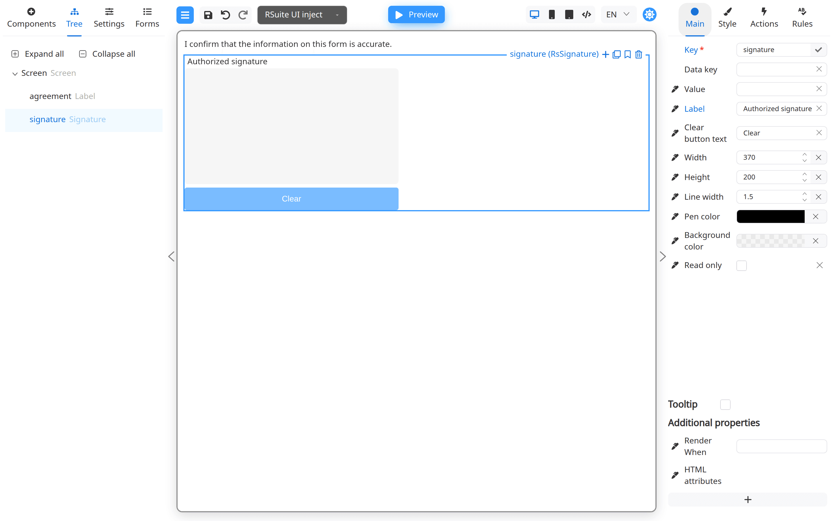 Signature in the Designer Signature field on the Designer canvas with Main properties open.